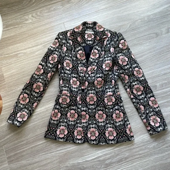 Alice + Olivia Macey Floral Print Blazer Sz 0 EUC Peach and Black - Picture 2 of 13